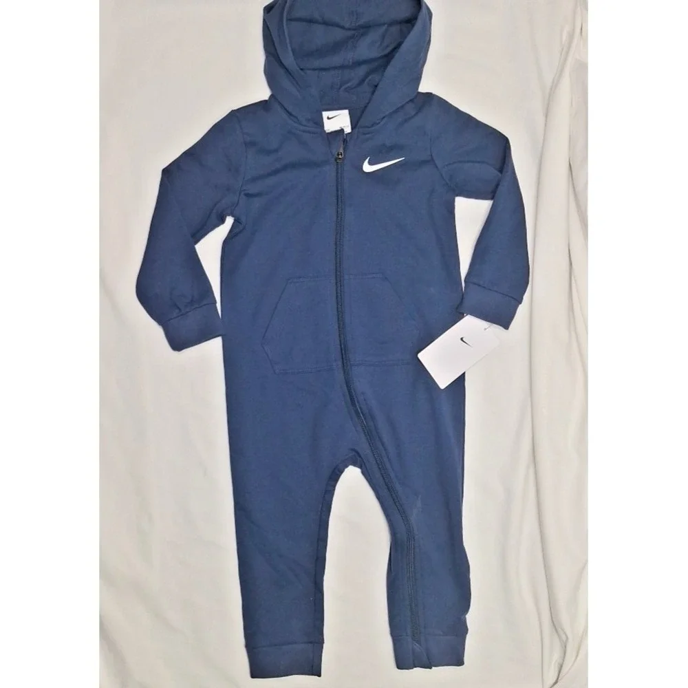 Nike Baby Navy Long Sleeve‎ Hooded Swoosh Romper One-piece 24 Months New Blue